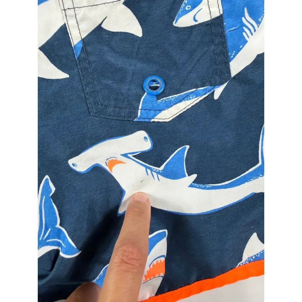 Mini Boden Shark Rash Guard Swim Trunks Set Orange Blue Size 6-7 year boys